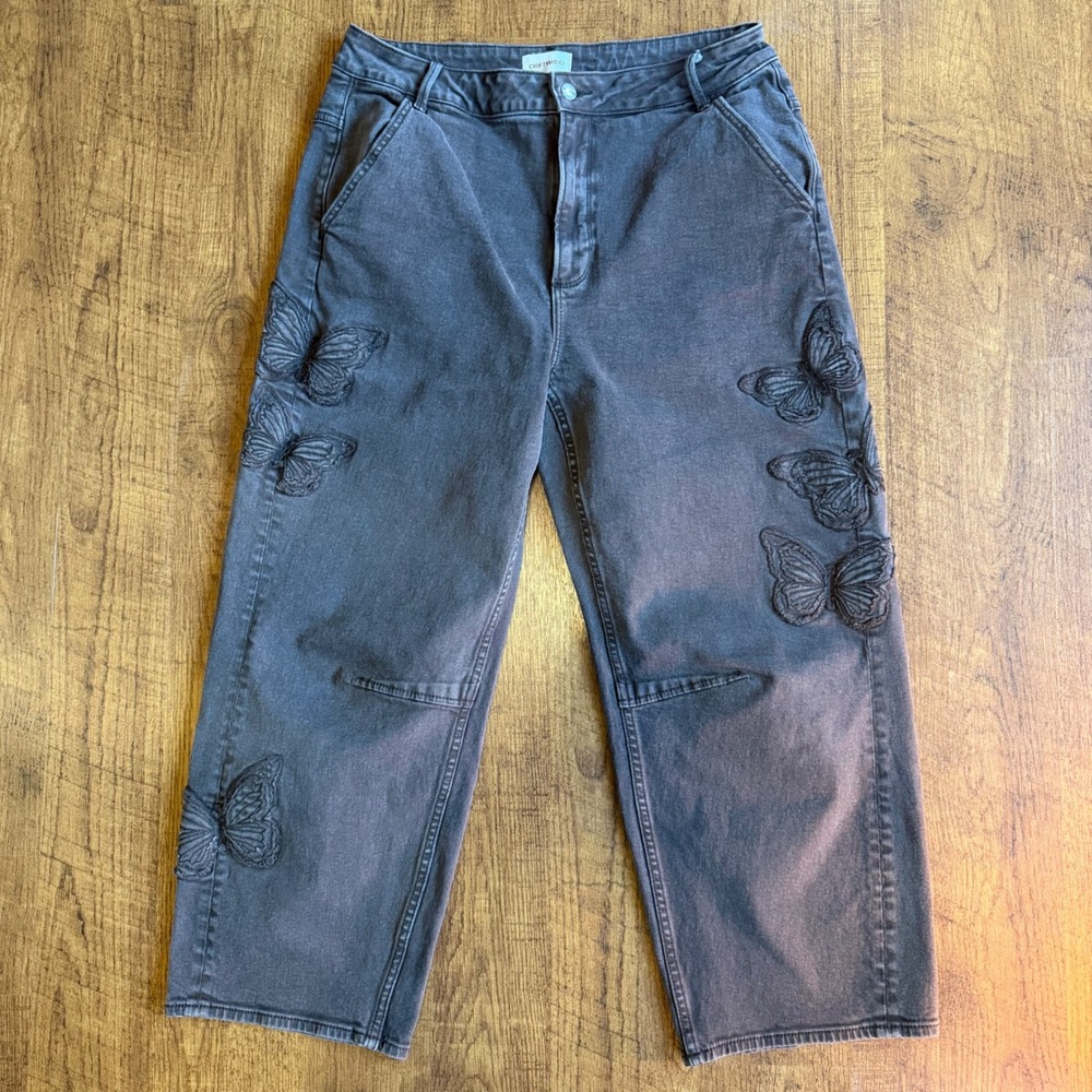 Driftwood Barbie Barrel Jeans Womens 12 Gray Butterfly Embroidered Boho Modern